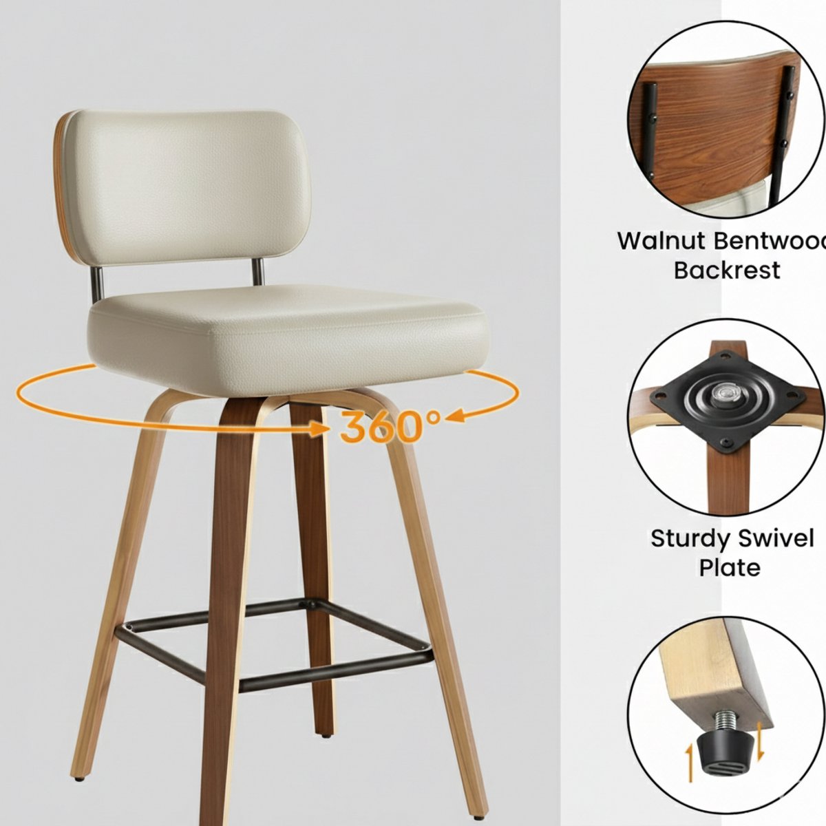 Barkrukken Set van 4 – House&Garden Luxe Draaibare Barstoelen met Rugleuning, 65 cm Zithoogte, PU-Leren Zitting en Massief Walnoothout, Mid-Century Modern Design met Voetensteun – Keuken, Bar en Eettafel Stoelen in Grijs-Beige