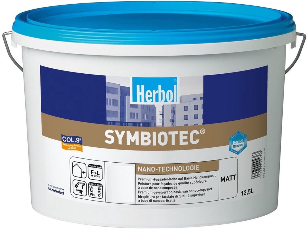 Herbol Symbiotec Matt - Krachtige gevelverf op basis van Nano komposit met bescherming tegen weersinvloeden - 12.50 L - RAL 9010 Pure White ( gebrokenwit)