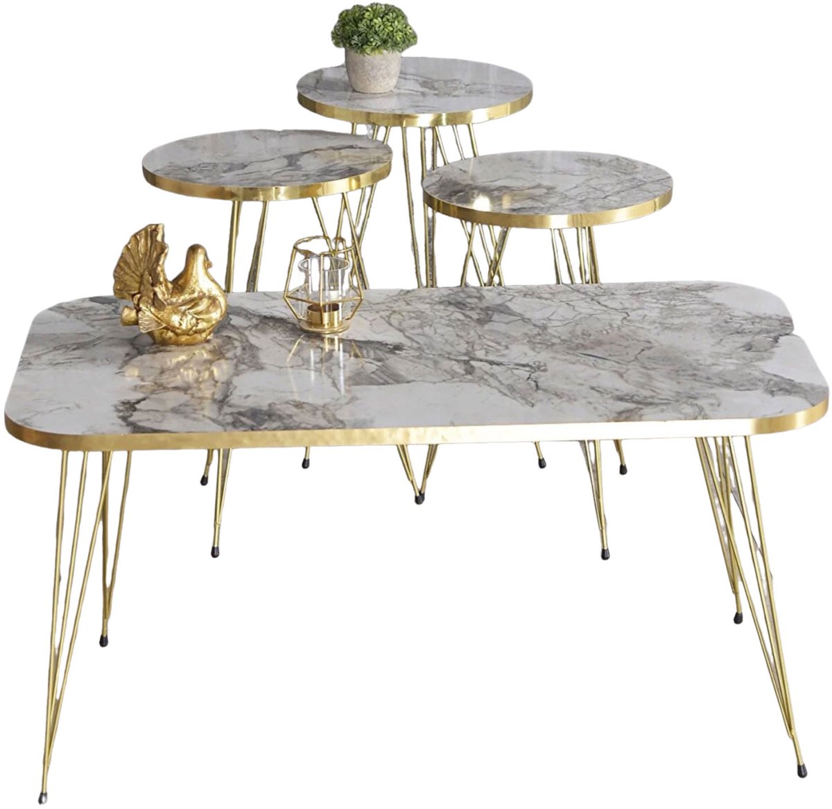 Jungengel Salontafel Set 4-delig - Marmer Look Wit - Goud Accent - Luxe Bijzettafels - Modern
