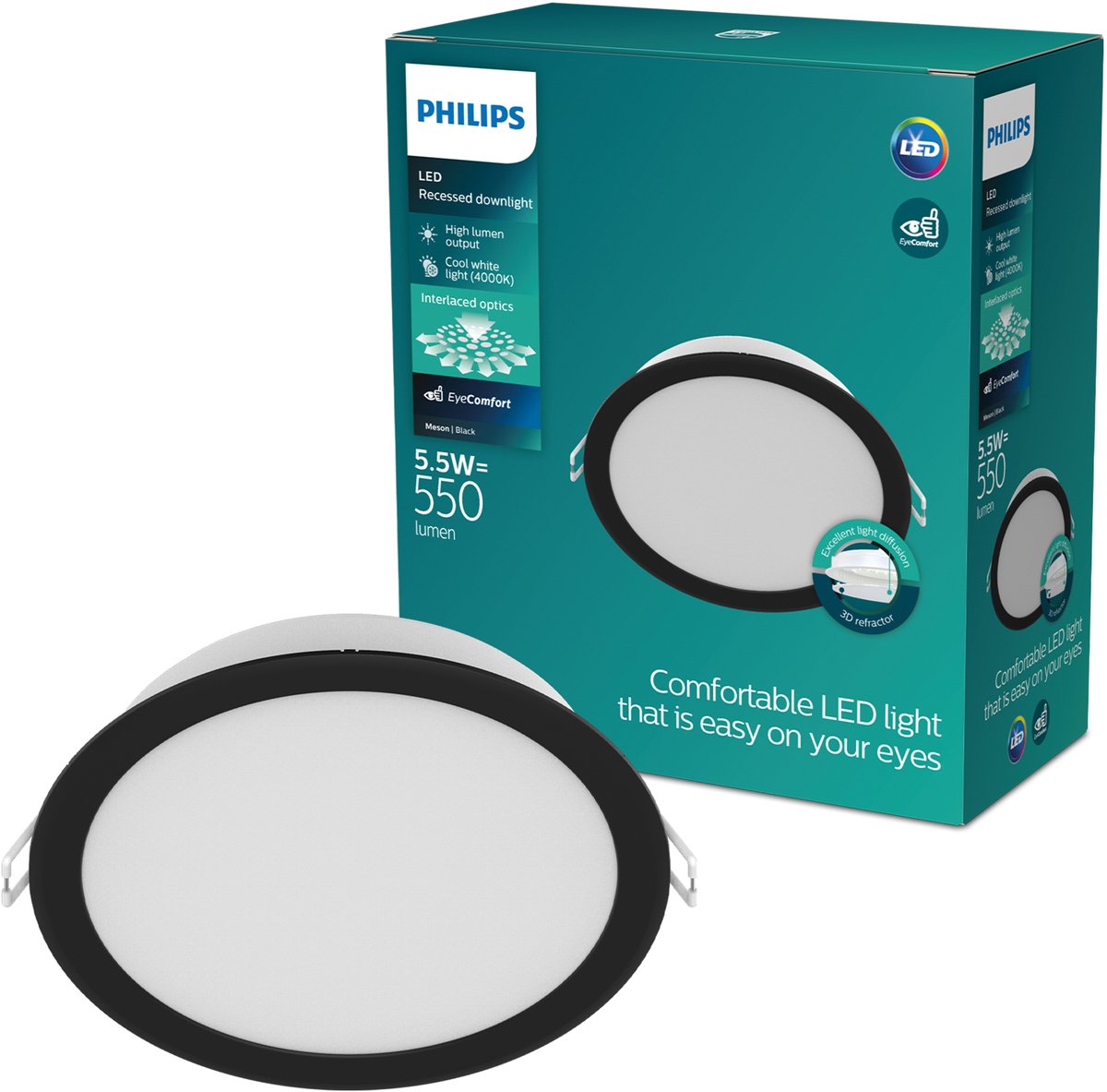 Philips Meson Inbouwspot - Plafondverlichting - Diameter: 90mm - Koelwit licht: 4000K - Zwart