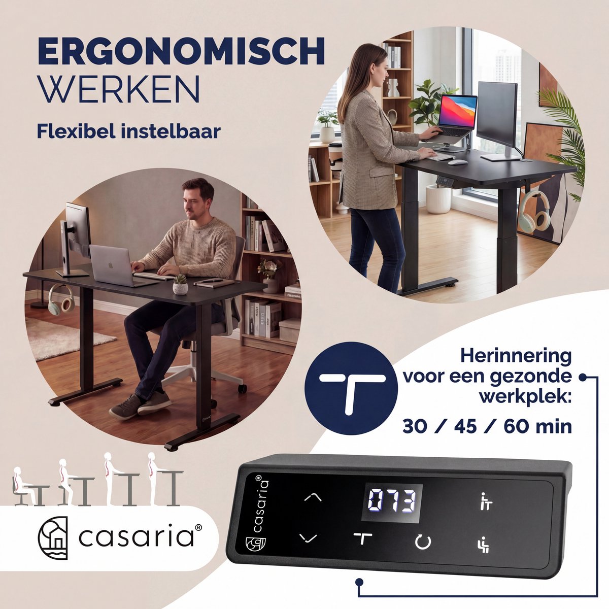 Casaria Zit sta bureau - Elektrisch Verstelbaar USB 120x60cm – Zwart