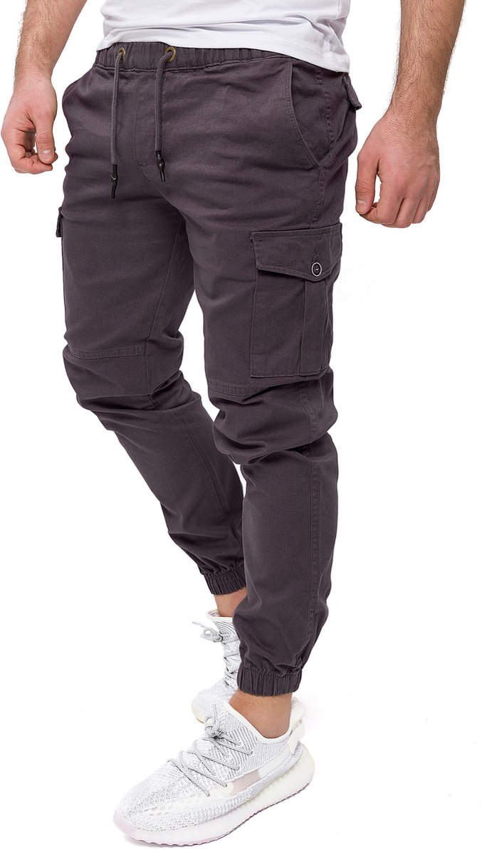 PITTMAN Heren Cargobroek Darius – Tapered Fit – Katoen Stretch – Donkergrijs – Koordsluiting