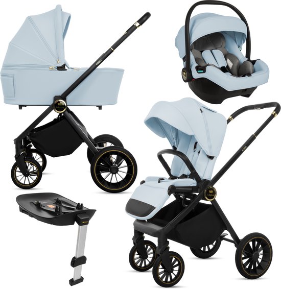 BabyLux® Kinderwagen 3in1 Set ROSSO, Blauw, Opvouwbare Lichtgewicht Kinderwagenset Incl. Reiswieg, Buggy, I-Size Baby-Autostoeltje, Luiertas En Meer Accessoires, 4 Ligstanden, 0-22kg, Uv-Bescherming 50+