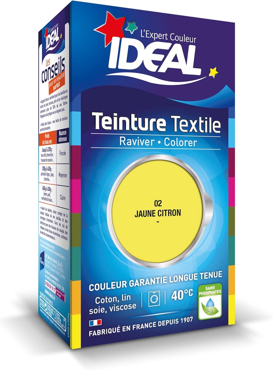 IDEAL Liquid Fabric Dye Mini 02 Lemon – Textielverf met Fixatief – Frisse Citroengele Kleur – Voor Katoen, Linnen, Zijde & Viscose – 40°C – Made in France
