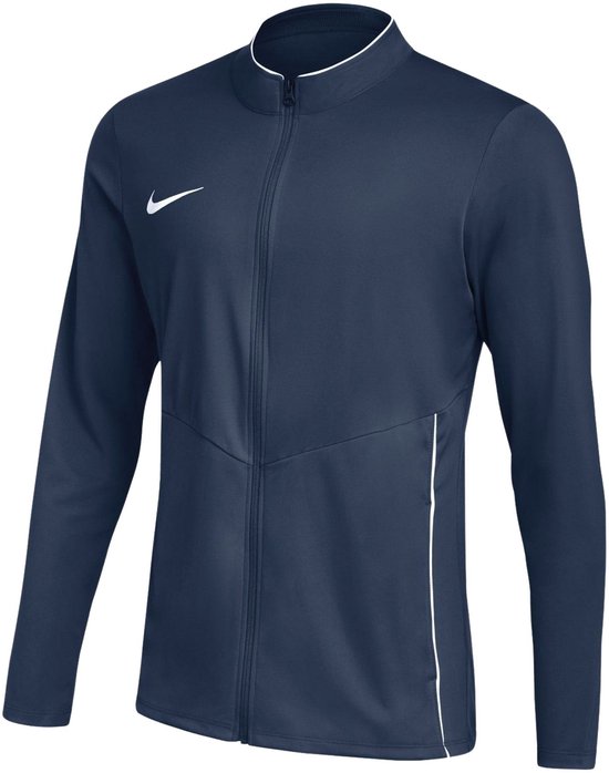 Donkerblauwe Nike trainingsjas met witte bies en Nike logo op de borst.