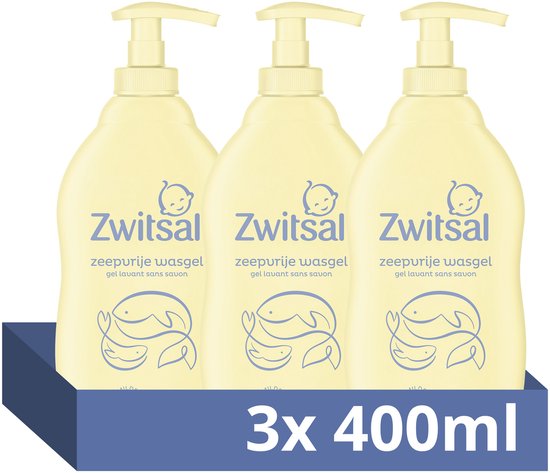 Drie gele flessen Zwitsal zeepvrije wasgel met pompdispenser in een blauwe houder. Tekst '3x 400ml'.