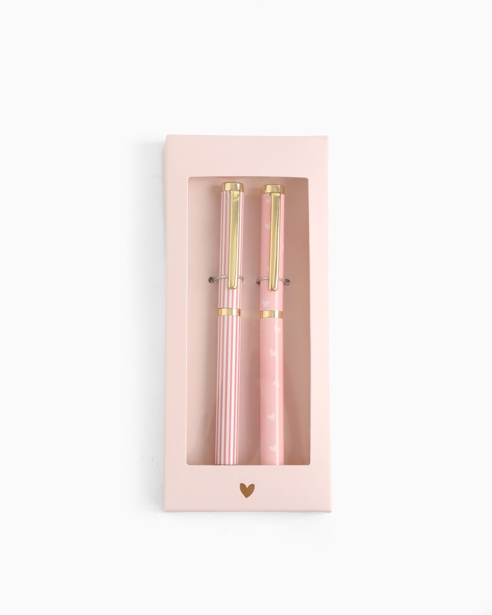 Pennenset Pink Stripe - Hearts | Pennen Roze Streep - Hartjes | Stationery & Gift