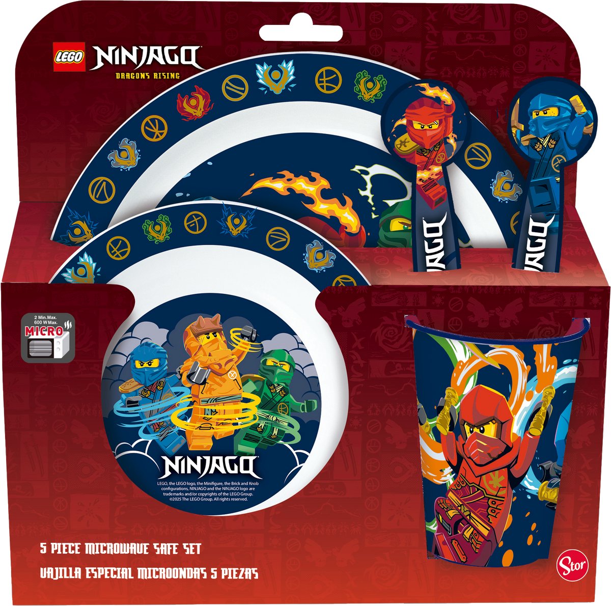 LEGO Ninjago Kinderservies - 5-delig - Herbruikbaar - Inclusief bord, kom, bestek en beker - Vaatwasser- en microgolfbestendig & BPA-vrij - Wit/Donkerblauw