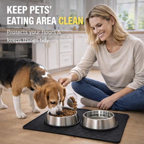 BOTC Set de Table Chien & Chat - Antidérapant & Hydrofuge - Set de Table Mangeoires - Siliconen - 1 Pièce - Set de Table pour Chiens - 48x30 cm - Zwart