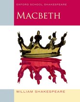 Boekcover van Macbeth door William Shakespeare, met een abstracte afbeelding van een kroon in goud en zwart op een rode voet.