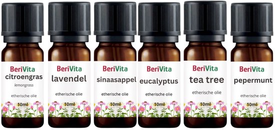 Zes flesjes etherische olie van BeriVita: citroengras, lavendel, sinaasappel, eucalyptus, tea tree, pepermunt. Elk 10ml.