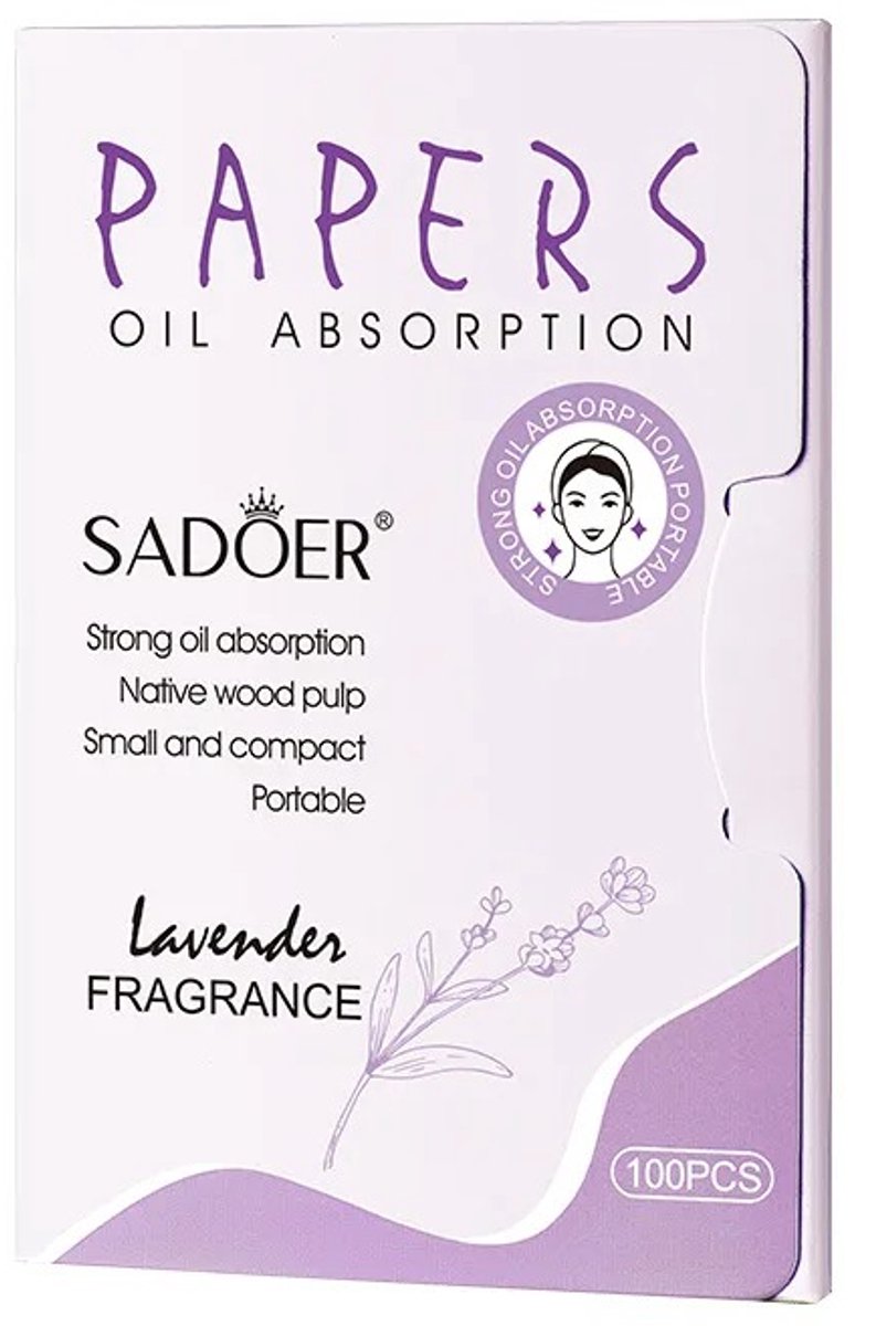 SADOER Olie Absorberend Papier | Oil Control Gezicht | Blotting Papers | Gezichtsolie Verwijderen | Anti Acne | Matterende Doekjes | Vette Huid | Make-up doekjes | Lavendel Geur | Talg Regulatie | Compact Draagbaar | Gezicht Reiniging doekjes | 100X