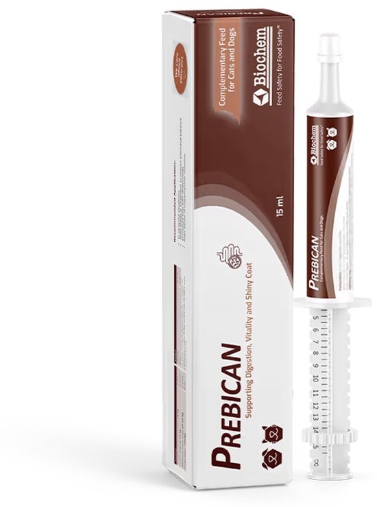 Prebican 15 ml spuit met doosje voor honden en katten, ter ondersteuning van spijsvertering, vitaliteit en vacht.