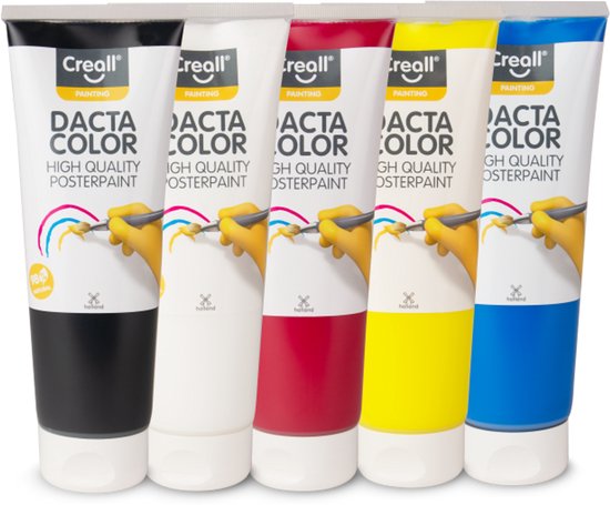 Cinq tubes de peinture poster Creall Dacta Color dans les couleurs noir, blanc, rouge, jaune et bleu.