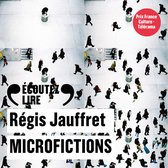 Boekomslag: vogelperspectief van voetgangers op een plein, met de titel 'Microfictions' door Régis Jauffret en 'Écoutez lire'.