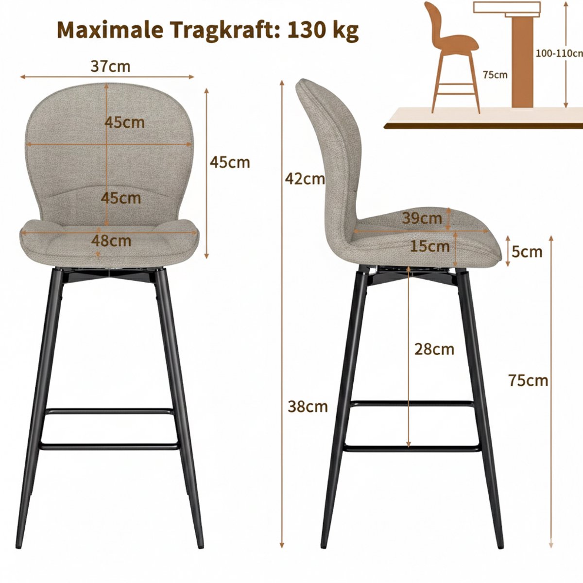 Barkrukken Set 2er – 75 cm Sitzhöhe – 360° Drehbar – Gepolsterter Stoff Barstuhl mit Rückenlehne & Metallgestell – Moderner Tresenstuhl für Küche, Kücheninsel & Essbereich – House&Garden Mokka
