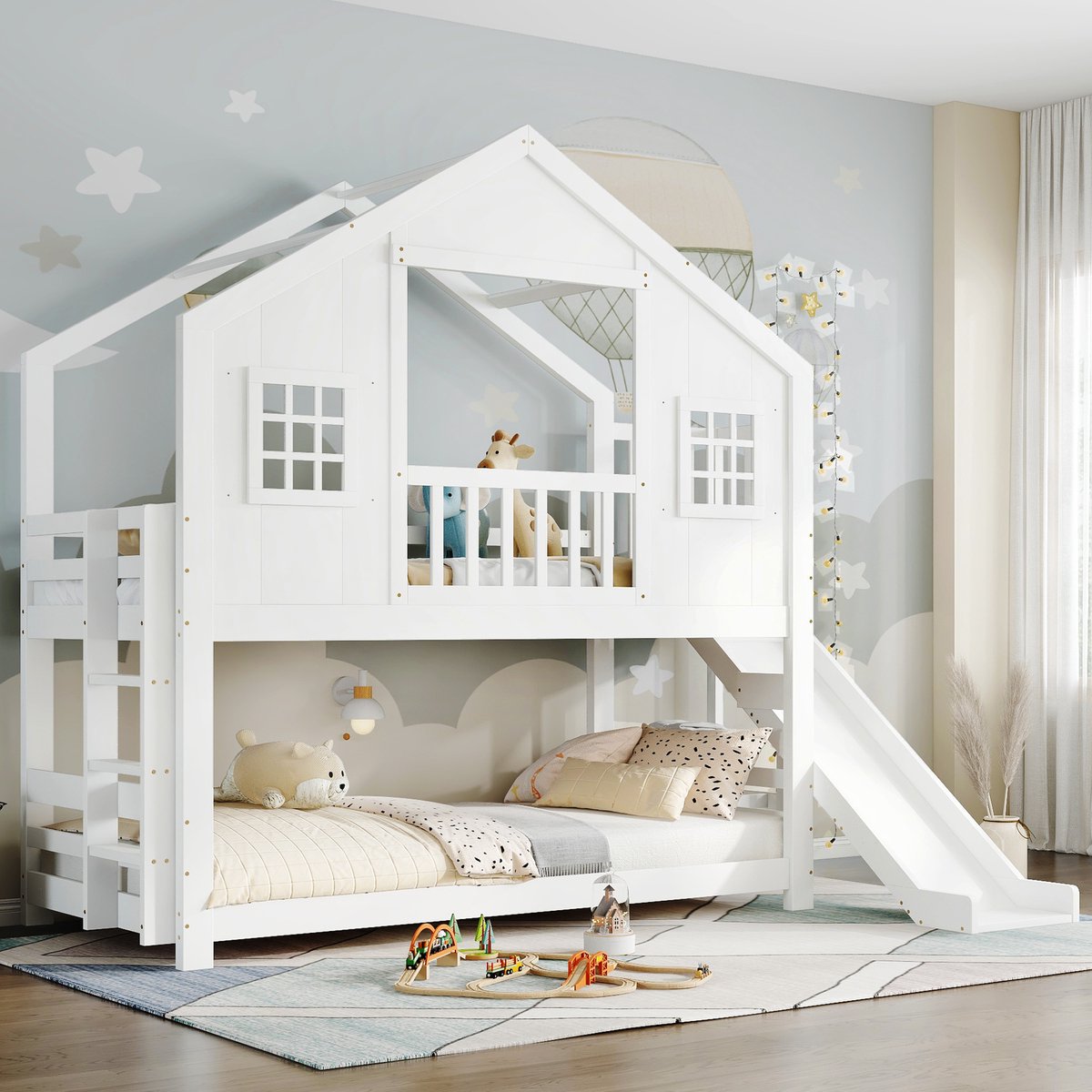 Sweiko Stapelbed - 90x200cm - Met glijbaan - Kinderbed - Grenenhout + MDF - Wit