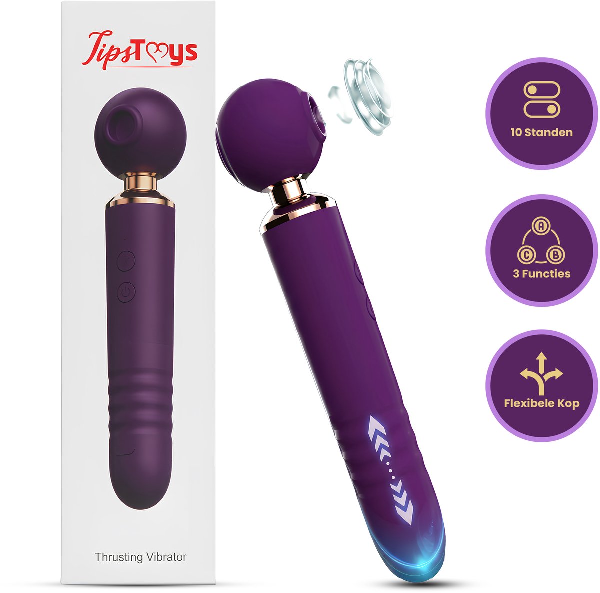 Bol.com TipsToys® 3 in-1 Magic Wand - Massage Vibrator - Dildo voor Vrouwen - Flexibele Kop - Clitoris, G Spot en Prostaat Stimu... aanbieding