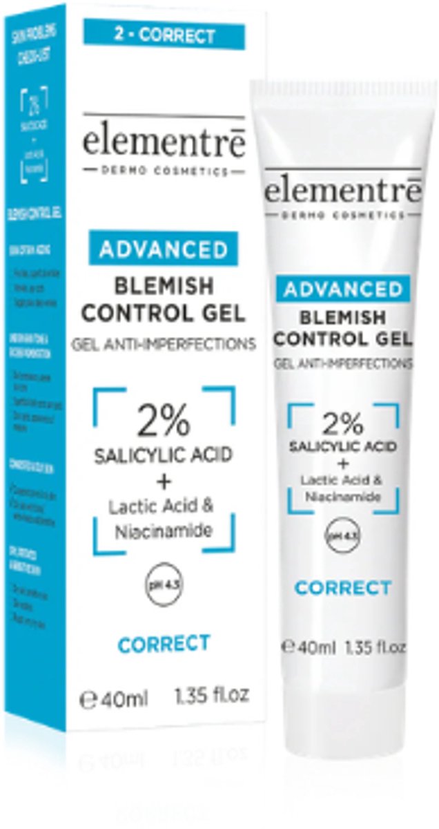 elementrē Blemish Control Gel – 2% Salicylic Acid + 2% Lactic Acid – Acne & Puistjes Behandeling – Niacinamide – 40 ml