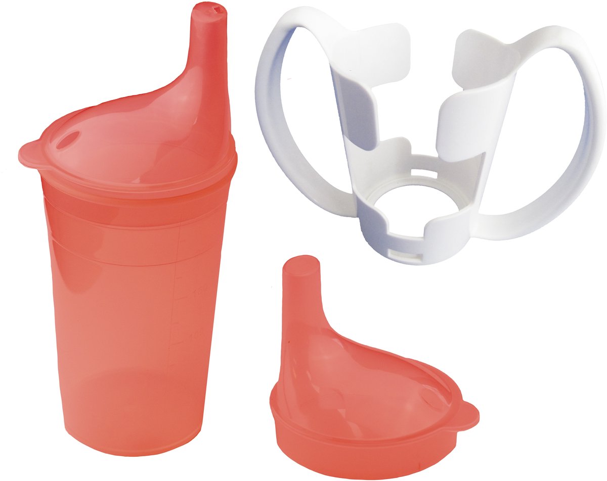 Sundo Drinkbekerset met houder – geschikt voor thee en pap, met lang mondstuk (rood)