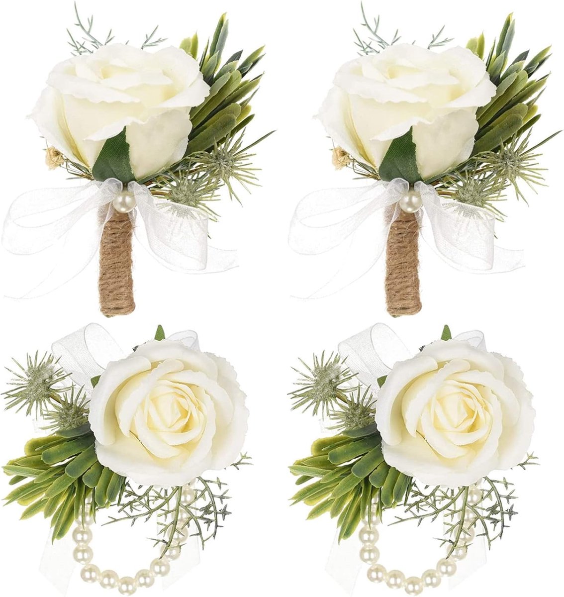 Bruiloft Corsage en Polsbloem Set Witte Rozen met Parelarmband