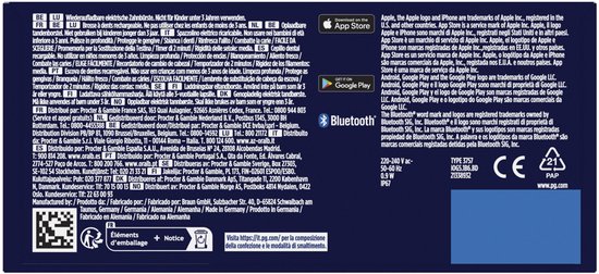 Details van de Oral-B iO elektrische tandenborstel, met tekst over bluetooth connectiviteit en specificaties.