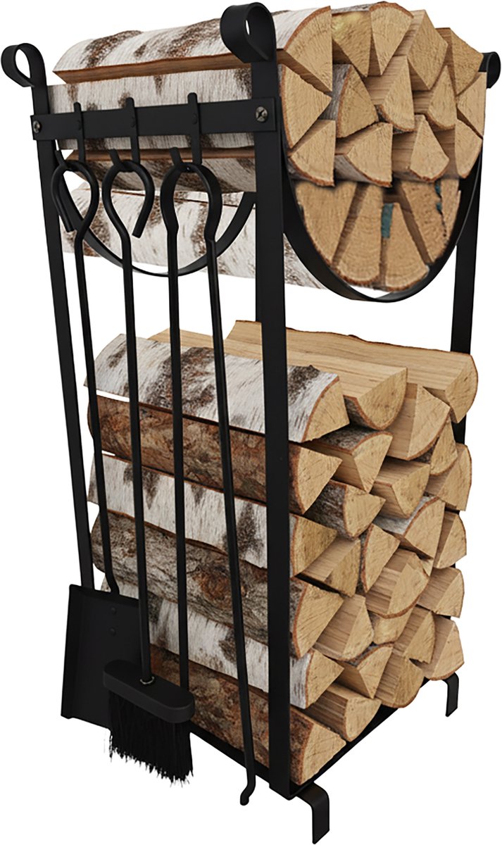 Haardhoutrek - 76 x 33 x 33 cm - met haardgereedschap - zwart