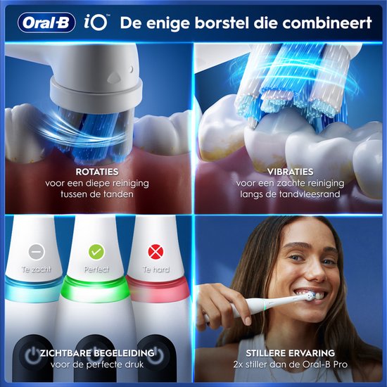 Drie panelen tonen: rotaties, vibraties, poetsdruk sensor met lichtindicatoren (blauw, groen, rood) en een vrouw die poetst.