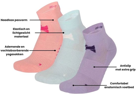 Xtreme Yoga Sokken Pastel Roze / Groen / Paars - 3 paar - Pilates sokken - Antislip - Anatomisch voetbed - Maat 35/38 van Xtreme — afbeelding 2