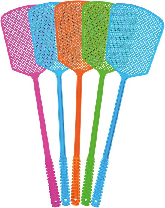 Bondoo Tapette à mouches en plastique 5 pièces - Attrape-mouches - Grande tête de frappe – Manche long – Plastique robuste – Tapette à mouches pour intérieur et extérieur - Rose/Bleu/Orange/Vert