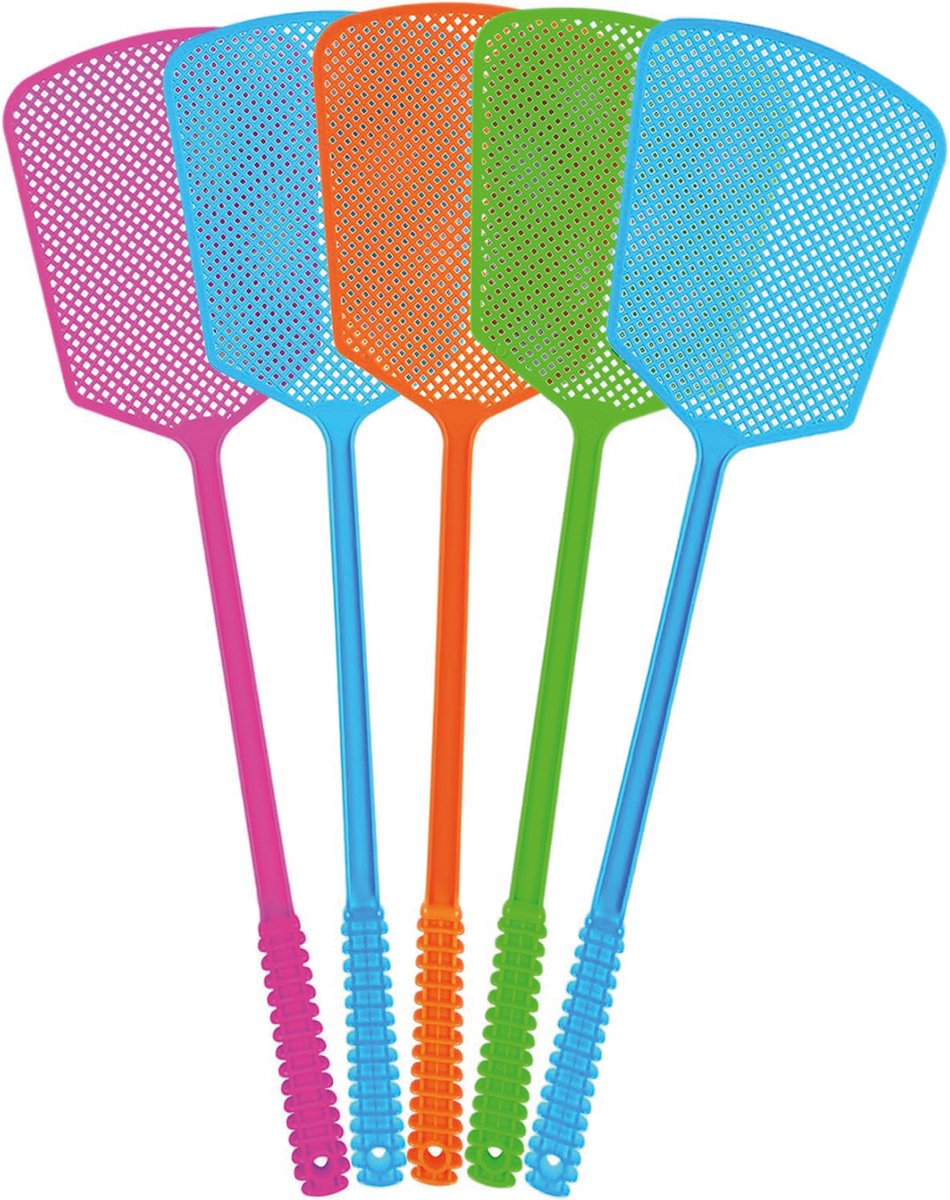 Bondoo Vliegenmepper Plastic 5 stuks - Vliegenvanger - Grote Slagkop – Lange Steel – Stevig Kunststof – Vliegenmepper voor Binnen en Buiten - Roze/Blauw/Oranje/Groen
