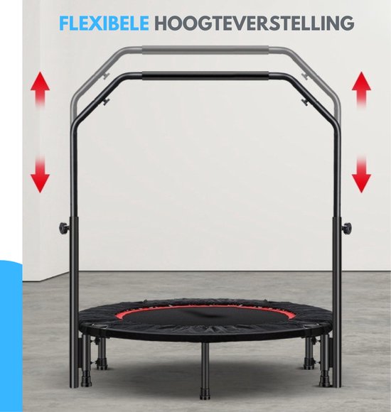 Zwarte trampoline met rode rand en verstelbare handgreep, met indicatie van flexibele hoogteverstelling.
