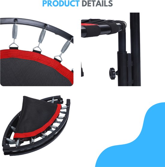 Close-up details van de trampoline: veren, rode rand, verstelbare handgreep, en opgevouwen positie.
