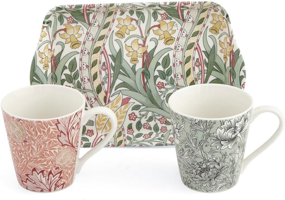 Set van 2 Porseleinen Mokken met Dienblad - Iconisch Morris & Co Ontwerp