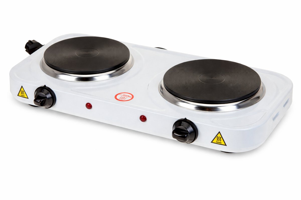 HEM Elektrische Camping Kookplaat Dubbel 2x1000W – 2 Pits Vrijstaand Wit – Met Thermostaat – Voor Camper & Caravan – Inclusief HEM Microvezel Schoonmaakdoekje