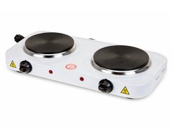 Elektrische Camping Kookplaat Dubbel 2x1000W – 2 Pits Vrijstaand Wit – Met Thermostaat – Voor Camper & Caravan – Inclusief HEM Microvezel Schoonmaakdoek