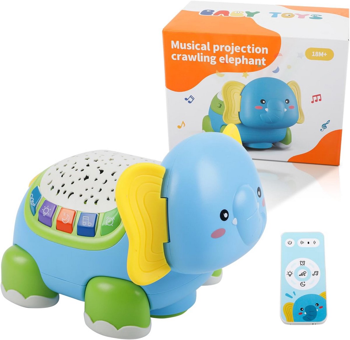 Kruipspeelgoed Olifant - Muzikaal Klankspeelgoed - Baby Ontwikkeling - Sterrenprojectie met Lichten - 3 x 2 x 1 cm - Grijs