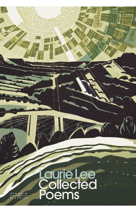 Livre 'Laurie Lee Collected Poems' avec une illustration de paysage en vert, ocre et noir d'un pont sur des collines ondulantes sous un soleil stylisé.
