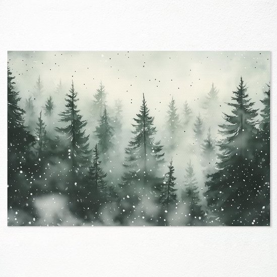 Foto: Canvas wanddecoratie dennenbos winterlandschap schilderij groen aquarel bosposter rustieke kerst muurdecoratie 20x30 cm zonder lijst 