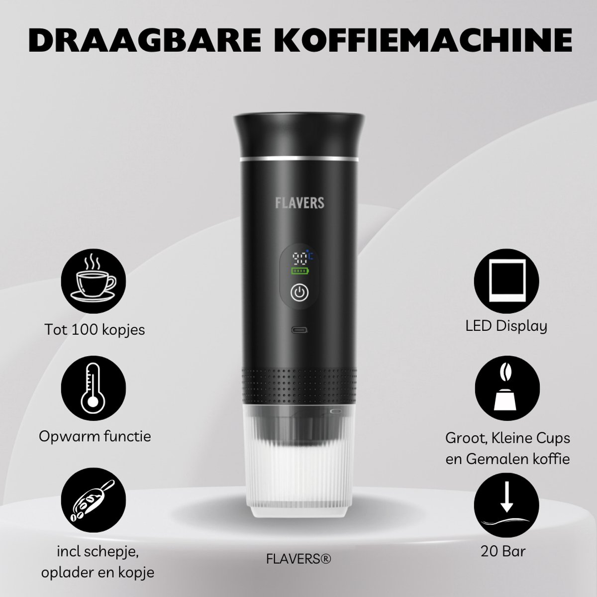 Flavers ® | Draagbare Koffiemachine | 2026 model | Draagbare Elektrische Espressomachine | Zwart | Koffiezet apparaat voor Onderweg | Capsules & Gemalen Koffie | Portable Espresso Machine | Cadeauset | koffiemaatje | Reis & Camping Koffiezetapparaat — afbeelding 2