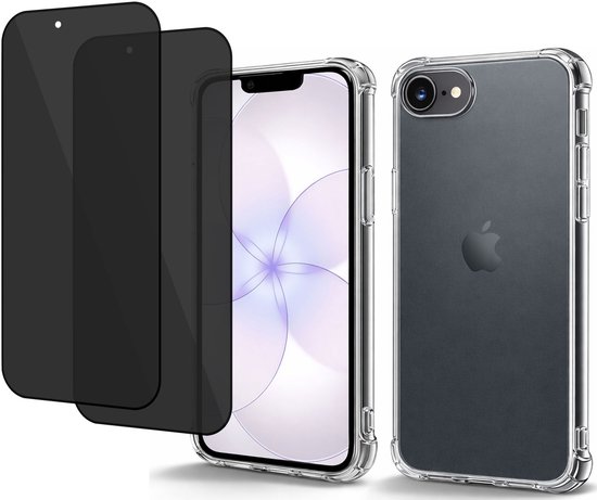 Trois coques transparentes, deux protecteurs d'écran de confidentialité et un iPhone avec coque, sur fond blanc.