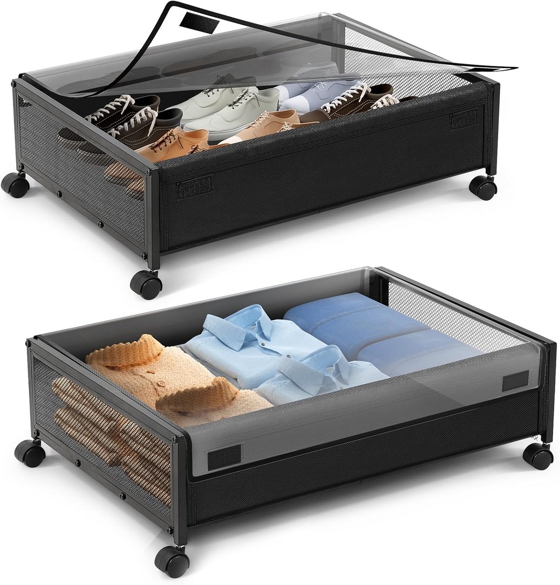 Set van 2 Opbergdozen Onder Bed met Deksel en Wieltjes