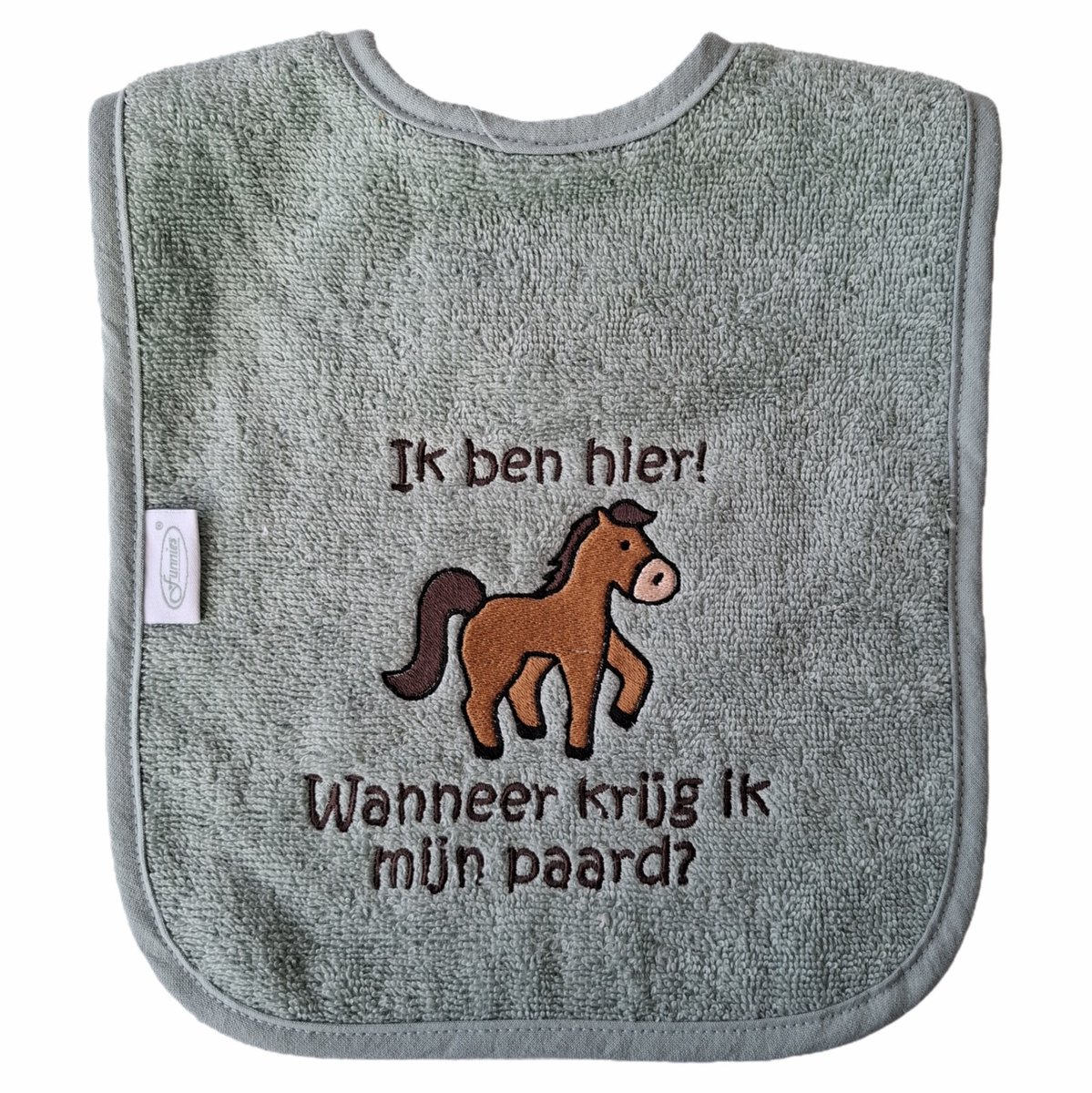 Groene (stone green) slab met "Ik ben hier! Wanneer krijg ik mijn paard?" - paardrijden, manege, paardje, paarden, bavet, bib