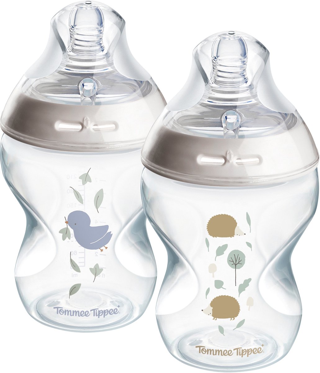 Tommee Tippee Natural Start Babyflessen - set van 2 x 260ml baby flessen - Lage toevoersnelheid - 0m+ - gedecoreerd