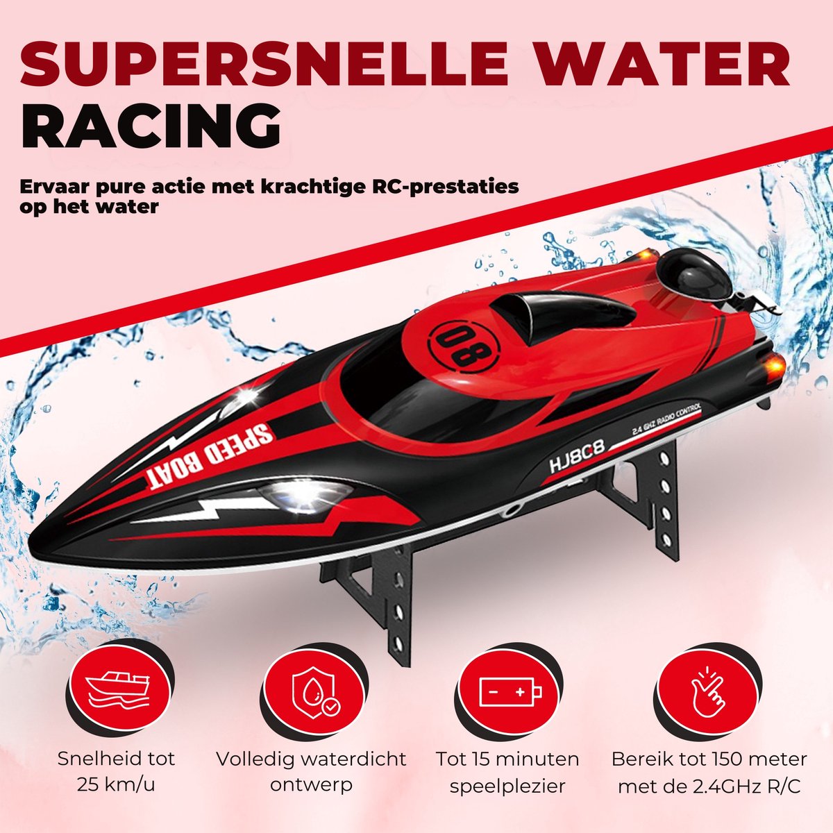 Pumpify Bestuurbare Boot – Waterspeelgoed – RC Boot – Snelheid Tot 25 km/h – 150m Bereik – Speelgoed Boot – Speedboot – Afstandsbestuurbare Boot - Speelgoed – 5 jaar – 6 jaar – 7 jaar – 8 jaar – 9 jaar – 10 jaar – Rood — afbeelding 2