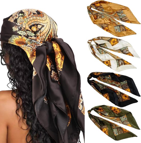 Model draagt een zwarte sjaal met print als hoofddoek. Vier afzonderlijke sjaals in groen, zwart, crème en goud met paisley-print.