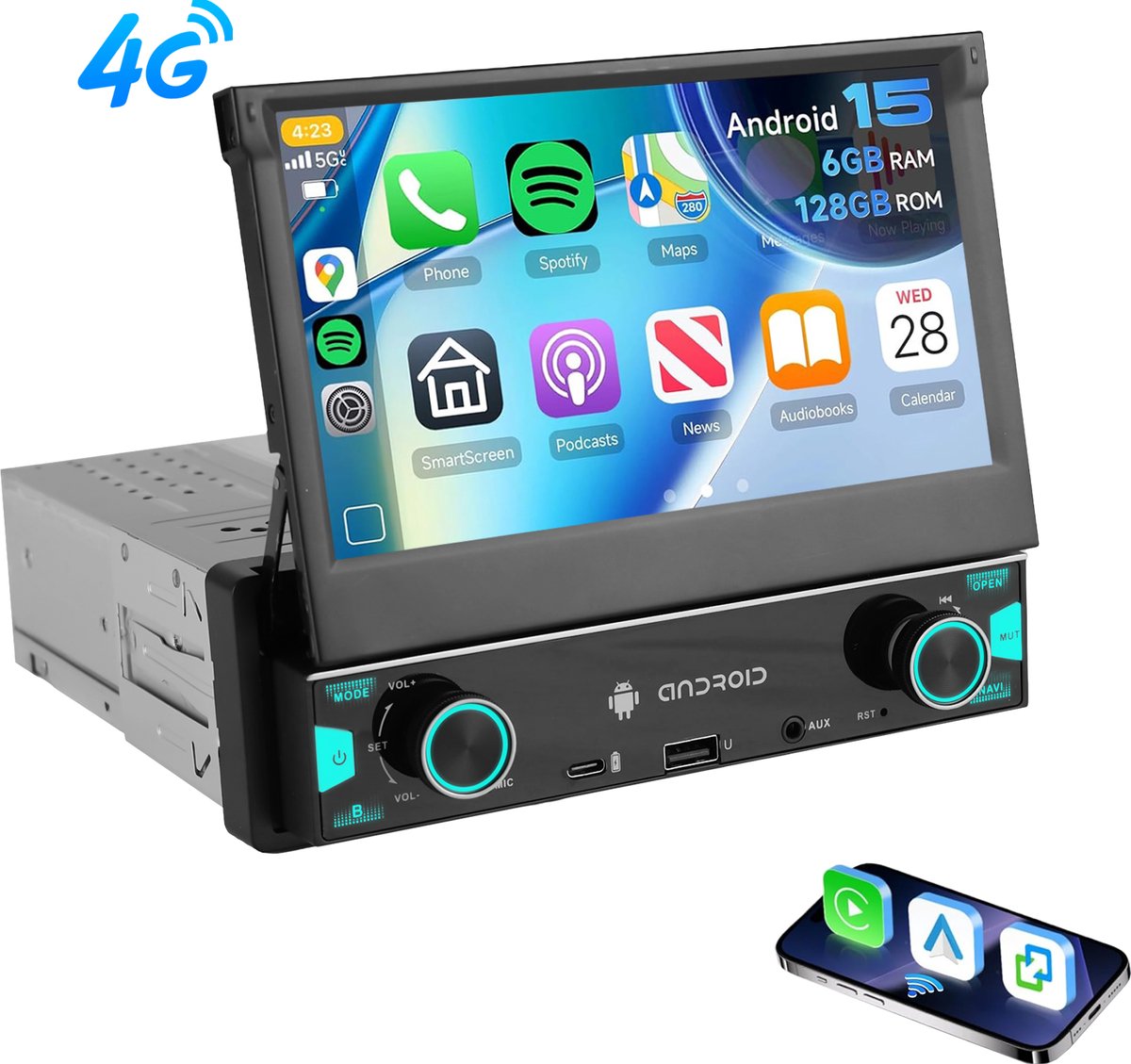 ESSGOO 1Din Autoradio - Android 15 - Apple Carplay & Android Auto (Draadloos) - 6+128GB - 7 Inch IPS HD Handmatig Klapscherm - Navigatiesysteem - Bluetooth, Aux, USB, Type-C, MP5 - GPS - WIFI