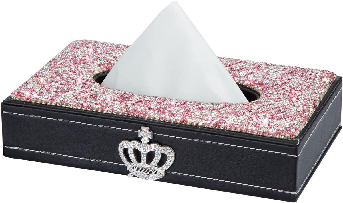 Oneay Decoratief rechthoekig deksel voor tissuebox (roze), gemaakt van leer met strass-steentjes, ideaal voor in de auto, op kantoor of thuis.