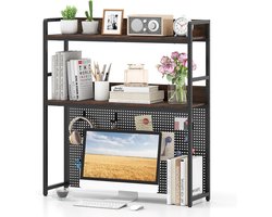 COSTWAY Bureauplank, metalen frame, tafelrek met insteekbord, bureau opzetrek voor 32 inch monitoren, boekenplank, opbergorganizer, rustiek bruin, 94 x 27 x 103 cm