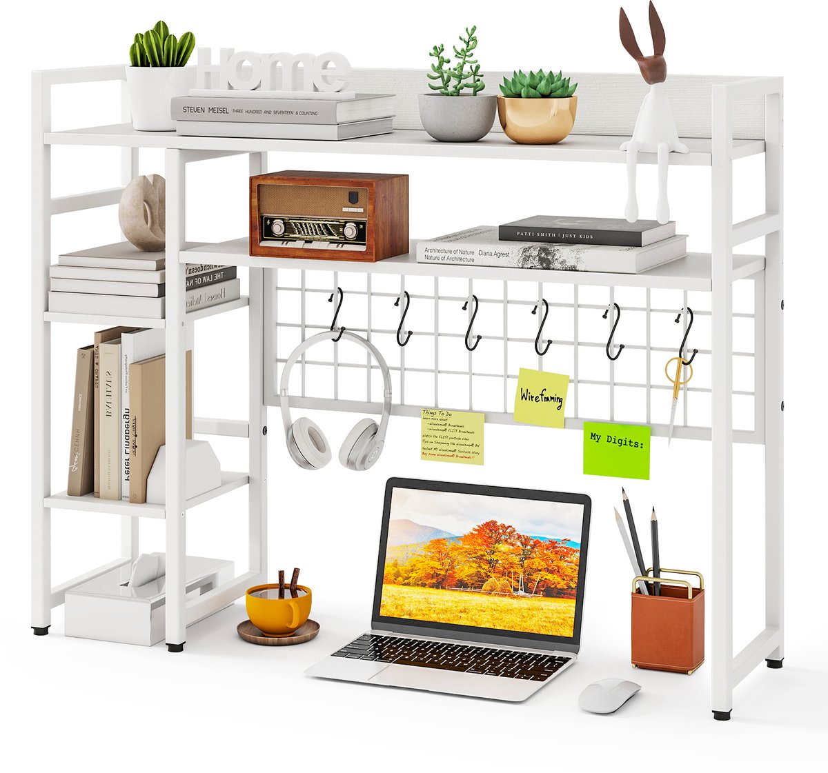 Costway Bureaurek, tafelrek met 4 planken en 6 haken, bureau opzet-rek voor monitoren, boekenplank voor werkblad, opbergorganizer, 94 x 25 x 74 cm (wit)